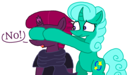 Size: 1440x845 | Tagged: safe, artist:徐詩珮, fizzlepop berrytwist, glitter drops, tempest shadow, pony, unicorn, g4, broken horn, clothes, dialogue, female, horn, lesbian, mare, scarf, ship:glittershadow, shipping, simple background, transparent background