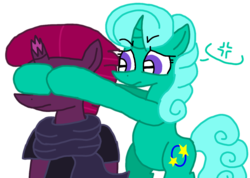 Size: 1178x839 | Tagged: safe, artist:徐詩珮, fizzlepop berrytwist, glitter drops, tempest shadow, pony, unicorn, g4, broken horn, clothes, female, glitter drops is not amused, horn, lesbian, mare, scarf, ship:glittershadow, shipping, simple background, transparent background, unamused