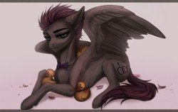Size: 2268x1437 | Tagged: artist needed, safe, oc, oc only, oc:gaysi, pegasus, pony, bowtie, lying down, male, petals, rubber duck, simple background, solo, spread wings, stallion, white background, wings