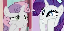 Size: 720x353 | Tagged: safe, rarity, sweetie belle, pony, unicorn, g4, cheeks, excited pony, female, siblings, sisters, smiling, squishy cheeks