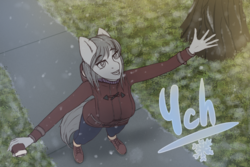 Size: 1440x960 | Tagged: safe, artist:mintjuice, anthro, advertisement, clothes, commission, female, mare, smiling, snow, snowfall, street, your character here
