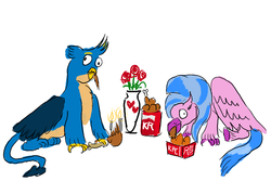 Size: 1400x1000 | Tagged: safe, artist:horsesplease, gallus, silverstream, bird, chicken, griffon, g4, behaving like a bird, carnivore, date, drumstick, eating, female, flower, food, gallus the rooster, griffons doing bird things, griffons doing griffon things, kfc, male, meat, nugget, rose, ship:gallstream, shipping, straight, that griffon sure does love kfc