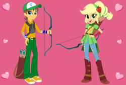 Size: 870x588 | Tagged: safe, artist:owletbrigthness, applejack, caramel, equestria girls, g4, my little pony equestria girls: friendship games, archery, eqg promo pose set, equestria girls-ified, female, male, ship:carajack, shipping, straight