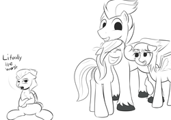 Size: 2700x1900 | Tagged: safe, artist:cosmonaut, cloudchaser, flitter, rumble, thunderlane, pegasus, pony, g4, age swap, bisexual, colt, female, incest, lesbian, male, monochrome, polyamory, role reversal, ship:flitterumble, ship:flitterumblechaser, ship:rumblechaser, shipping, size difference, straight