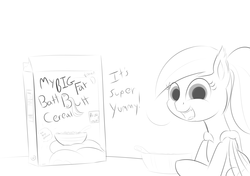 Size: 2700x1900 | Tagged: safe, artist:cosmonaut, oc, oc only, oc:ivy, bat pony, pony, butt, cereal, female, filly, food, monochrome, ponytail, solo