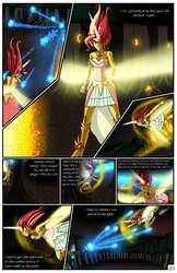 Size: 2331x3600 | Tagged: safe, artist:artemis-polara, flash sentry, sunset shimmer, comic:a battle to save a possessed soul, equestria girls, g4, arm cannon, armor, armpits, aura, badass, beam, bleeding, blocking, blood, breasts, cleavage, clothes, comic, commission, corrupted, danger, dark samus, daydream shimmer, defending, destruction, devastation, dress, electrified, electrocution, energy weapon, explosion, falling, fear, female, fight, forest, guarding, high res, horn, injured, magic, male, metroid, night, pain, phazon, possessed, red eye, scared, serious, serious face, shocked expression, tree, weapon