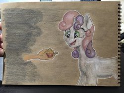 Size: 2048x1536 | Tagged: safe, artist:stink111, sweetie belle, pony, g4, dark side, food, hand, muffin, traditional art