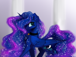 Size: 4128x3096 | Tagged: safe, artist:livitoza, princess luna, alicorn, pony, g4, chest fluff, collar, ear fluff, ethereal mane, female, galaxy mane, high res, looking at you, mare, pet, pet tag, smiling, smiling at you, solo