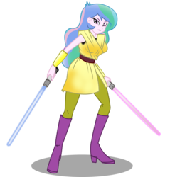 Size: 2000x2090 | Tagged: safe, artist:succubi samus, princess celestia, principal celestia, equestria girls, g4, alternate universe, boots, commission, crossover, dual wield, high heel boots, high res, jedi, jedi knight, lightsaber, shoes, simple background, star wars, sword, transparent background, weapon