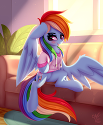 Size: 1112x1348 | Tagged: safe, alternate version, artist:omi, rainbow dash, pegasus, pony, g4, blushing, clothes, couch, cute, featureless crotch, female, floppy ears, hoodie, mare, sexy, smiling, solo, stupid sexy rainbow dash