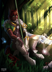 Size: 3500x4800 | Tagged: safe, artist:sparklyon3, oc, oc only, earth pony, fairy, anthro, absurd resolution, anthro oc, armor, clothes, cosplay, costume, forest, male, solo, spear, stallion, tree, weapon