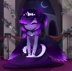 Size: 4356x4315 | Tagged: safe, artist:magnaluna, princess luna, oc, oc only, oc:zefiroth, alicorn, chinese dragon, dragon, eastern dragon, anthro, g4, absurd resolution, clothes, crying, dress, eyes closed, female, mare, redesign, solo