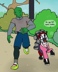 Size: 1199x1499 | Tagged: safe, artist:pony quarantine, oc, oc only, oc:anon, oc:munyu, human, zebra, alternate hairstyle, breath, bush, clothes, dialogue, duo, hoodie, jogging, lamppost, open mouth, shirt, shoes, shorts, sneakers, speech bubble, sweater, tree, workout