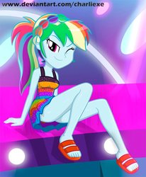 Size: 594x720 | Tagged: safe, alternate version, artist:charliexe, rainbow dash, equestria girls, equestria girls series, g4, spring breakdown, spoiler:eqg series (season 2), adorasexy, alternate hairstyle, ass, butt, clothes, cruise outfit, cute, dashabetes, feet, female, headband, legs, looking at you, one eye closed, partial nudity, ponytail, rainbutt dash, sandals, schrödinger's pantsu, sexy, sitting, sleeveless, solo, thighs, wink