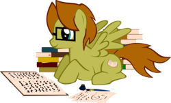 Size: 1712x1031 | Tagged: safe, artist:oceanbreezebrony, oc, oc only, pegasus, pony, book, glasses, male, paper, prone, show accurate, simple background, solo, stallion, transparent background