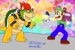 Size: 1024x682 | Tagged: safe, artist:fester1124, derpy hooves, human, koopa, pegasus, pony, g4, bowser, crossover, giant derpy hooves, giant pony, luigi, macro, male, mario, mario & luigi, mario & luigi: dream team, super mario bros.