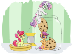 Size: 1024x768 | Tagged: safe, artist:rainbow-douch, apple bloom, scootaloo, sweetie belle, earth pony, pegasus, pony, unicorn, g4, cookie, cutie mark, cutie mark crusaders, eating, female, filly, food, jar, micro, no pupils, pony in a bottle, simple background, string, the cmc's cutie marks, tiny, tiny ponies