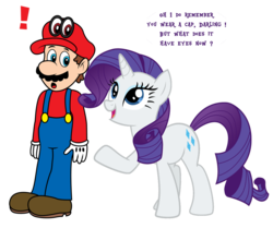 Size: 977x818 | Tagged: safe, artist:zefrenchm, rarity, human, pony, unicorn, g4, cappy (mario), crossover, male, mario, simple background, super mario bros., super mario odyssey, transparent background