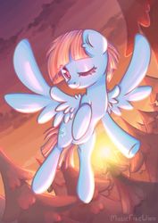 Size: 1280x1806 | Tagged: safe, artist:wavecipher, windy whistles, pegasus, pony, g4, cloud, female, flying, mare, one eye closed, solo, sunset, tree