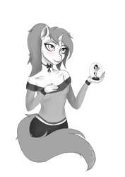 Size: 2480x3508 | Tagged: safe, artist:shanadessaint, oc, oc only, oc:plava, unicorn, anthro, bedroom eyes, black and white, choker, clothes, grayscale, high res, horn, mane, monochrome, ponytail, snow globe, solo, tail, wip