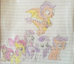 Size: 2792x2436 | Tagged: safe, artist:dupontsimon, apple bloom, scootaloo, sweetie belle, dog, dragon, earth pony, kangaroo, pony, unicorn, fanfic:magic show of friendship, equestria girls, g4, cutie mark crusaders, dogified, dragonified, fanfic art, high res, lined paper, not smolder, photo, puppy bloom, scootadragon, self ponidox, species swap, sweetie roo, traditional art