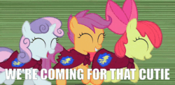 Size: 734x357 | Tagged: safe, apple bloom, scootaloo, sweetie belle, g4, stare master, animated, caption, cutie mark crusaders, female, gif, image macro, impact font, running, text