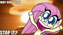 Size: 358x200 | Tagged: safe, edit, edited screencap, screencap, fluttershy, pegasus, pony, g4.5, my little pony: pony life, animated, caption, doom paul, exuberant airdancer fluttershy, female, image macro, impact font, mare, noodle arms, nuclear explosion, nuclear weapon, solo, text, unshorn fetlocks, wacky waving inflatable tube pony, weapon