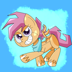 Size: 1200x1200 | Tagged: safe, artist:merpzy, scootaloo, pegasus, pony, robot, g4.5, my little pony: pony life, female, looking at you, scootabot, simple background, smiling, solo