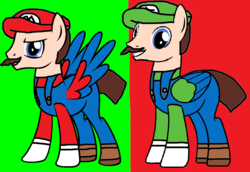 Size: 1200x826 | Tagged: safe, artist:boringbases, artist:lightningrockerpony, artist:twidashfan1234, pony, base used, cap, clothes, gloves, hat, long sleeved shirt, long sleeves, luigi, luigi's hat, male, mario, mario & luigi, mario's hat, overalls, ponified, shoes, super mario bros.