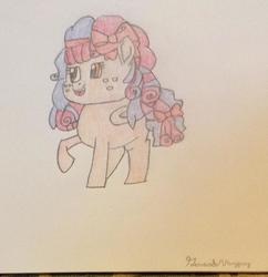 Size: 800x826 | Tagged: safe, artist:vazquezg19, oc, oc only, oc:sweetie blossom, pegasus, pony, bow, female, freckles, hair bow, hair ribbon, magical lesbian spawn, offspring, parent:apple bloom, parent:cozy glow, ribbon, solo, tail bow, traditional art
