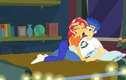 Size: 1117x715 | Tagged: safe, artist:limedazzle, flash sentry, sunset shimmer, equestria girls, g4, bed, clothes, cute, duo, eyes closed, female, male, nuzzling, one eye closed, ship:flashimmer, shipping, show accurate, smiling, socks, straight, sunset's apartment