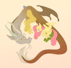 Size: 2200x2088 | Tagged: safe, artist:natashafenik, discord, fluttershy, draconequus, pegasus, pony, g4, duo, eye contact, female, high res, looking at each other, mare, simple background, smiling, spread wings, wings