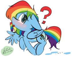 Size: 882x694 | Tagged: safe, artist:lofis, rainbow dash, oc, oc:mint chocolate, pegasus, pony, g4, blushing, cute, disguise, dripping, feather fingers, feathered wings, female, floppy ears, food, licking, mare, paint, popsicle, question mark, solo, tongue out, wing hands, wing hold, wings