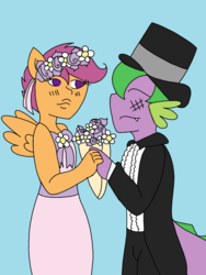 Size: 1536x2048 | Tagged: safe, artist:mintymelody, scootaloo, spike, anthro, a canterlot wedding, g4, clothes, female, flower filly, flower girl, flower girl dress, hat, holding hands, male, marriage, ship:scootaspike, shipping, sidemouth, straight, suit, top hat, tuxedo, wedding, wedding bouquet