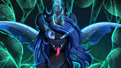 Size: 2280x1282 | Tagged: safe, artist:pridark, oc, oc only, oc:queen lahmia, changeling, changeling queen, blue changeling, bust, changeling queen oc, commission, female, looking at you, open mouth, portrait, solo, tongue out