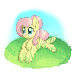Size: 2250x2250 | Tagged: safe, artist:litrojia, fluttershy, pegasus, pony, g4, alternate hairstyle, chest fluff, cute, female, folded wings, grass, high res, looking away, looking up, lying down, mare, outdoors, prone, shyabetes, smiling, solo, wings
