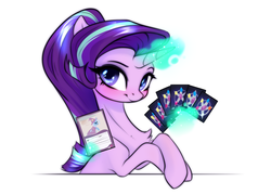 Size: 1426x1022 | Tagged: source needed, safe, artist:vincher, starlight glimmer, trixie, pony, unicorn, g4, card, ccg, chest fluff, crossed hooves, female, levitation, looking at you, magic, mare, playing, solo, telekinesis