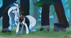 Size: 2600x1400 | Tagged: safe, artist:richi, earth pony, eevee, pony, bill cipher, blue coat, book, crossover, female, forest, gravity falls, journal, journal #3, male, mare, pokémon, saddle bag, tree, tree stump