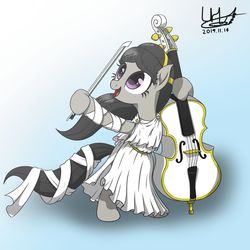 Size: 1600x1600 | Tagged: safe, artist:livehotsun, octavia melody, earth pony, pony, g4, alternate hairstyle, bipedal, bow (instrument), cello, clothes, cute, dress, female, gradient background, hoof hold, mare, musical instrument, open mouth, redraw, ribbon, solo, tavibetes