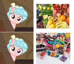 Size: 1082x938 | Tagged: safe, edit, edited screencap, screencap, cozy glow, pony, frenemies (episode), g4, :<, candy, cozybetes, cropped, cute, female, food, fruit, solo, vegetables