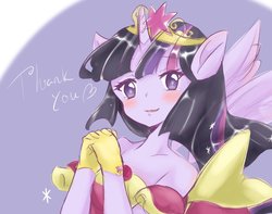 Size: 1184x933 | Tagged: safe, artist:moh_mlp2, twilight sparkle, alicorn, anthro, g4, magical mystery cure, bare shoulders, blushing, bust, clothes, colored pupils, coronation dress, crown, cute, dress, female, jewelry, off shoulder, older, older twilight, regalia, solo, thank you, twiabetes, twilight sparkle (alicorn)