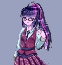 Size: 1950x2048 | Tagged: safe, artist:moh_mlp2, sci-twi, twilight sparkle, equestria girls, g4, my little pony equestria girls: friendship games, anime, blue background, clothes, crystal prep academy uniform, cute, female, looking at you, necktie, open mouth, ponytail, school uniform, simple background, solo, twiabetes