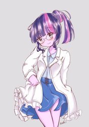 Size: 1448x2048 | Tagged: safe, artist:moh_mlp2, sci-twi, twilight sparkle, equestria girls, g4, blushing, clothes, coat, cute, female, glasses, gray background, hand on hip, lab coat, side ponytail, simple background, skirt, solo, twiabetes