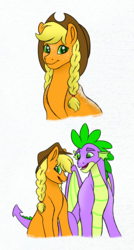 Size: 2089x3894 | Tagged: safe, artist:bella-pink-savage, applejack, spike, dragon, earth pony, pony, g4, alternate hairstyle, braid, cute, female, high res, jackabetes, male, mare, older, older spike, open mouth, ship:applespike, shipping, simple background, straight, white background, winged spike, wings