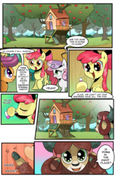 Size: 1800x2740 | Tagged: safe, artist:candyclumsy, artist:multi-commer, apple bloom, scootaloo, sweetie belle, yona, earth pony, pegasus, pony, unicorn, yak, comic:the great big fusion 3, g4, apple, apple tree, clubhouse, comic, concerned, crusaders clubhouse, cute, cutie mark crusaders, dialogue, drinking, enthusiastic, female, fusion, potion, tree, treehouse, yonadorable