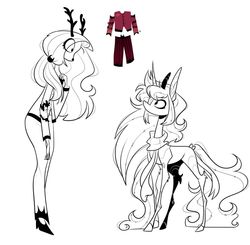 Size: 1024x1002 | Tagged: safe, artist:manella-art, oc, oc:manella, oc:umbra, deer, pony, unicorn, anthro, clothes, female, lineart, looking at each other, scarf, simple background, white background