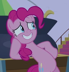 Size: 761x793 | Tagged: safe, edit, edited screencap, screencap, pinkie pie, earth pony, pony, g4, the summer sun setback, belly, bipedal, bipedal leaning, cauldron, cropped, female, grin, hoof on cheek, hoof on hip, leaning, mare, nervous, nervous smile, round belly, smiling, solo