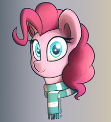 Size: 1134x1250 | Tagged: safe, artist:perezadotarts, pinkie pie, earth pony, pony, g4, bust, clothes, cute, diapinkes, female, hair, looking at you, mane, mare, portrait, scarf, simple background, smiling, solo, text