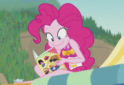 Size: 1456x994 | Tagged: safe, screencap, feather bangs, pinkie pie, equestria girls, friendship math, g4, my little pony equestria girls: better together, barefoot, beach, beach chair, chair, clothes, cropped, cute, diapinkes, faic, feet, female, geode of sugar bombs, magazine, magical geodes, male, outdoors, ponk, sleeveless, smiling, swimsuit