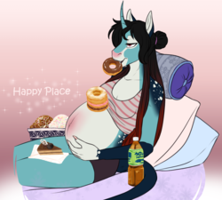 Size: 1070x961 | Tagged: safe, artist:blackblood-queen, oc, oc only, oc:annie belle, dracony, hybrid, unicorn, anthro, unguligrade anthro, anthro oc, belly, belly blush, big belly, cake, clothes, curved horn, donut, female, food, horn, ice cream, mare, mouth hold, pillow, pregnant, smiling, solo, tank top, tea